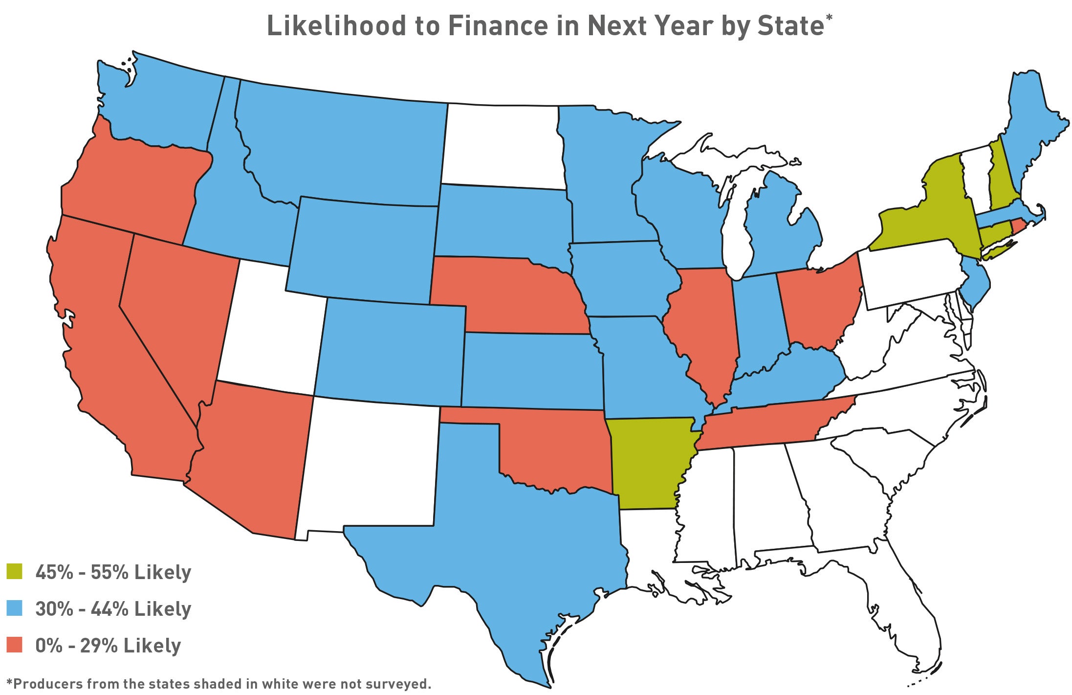 Likelihood to finance in next year by state map